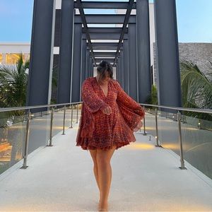 Free People Size XL Flutter Sleeve Open Back Mini Dress with adjustable tie